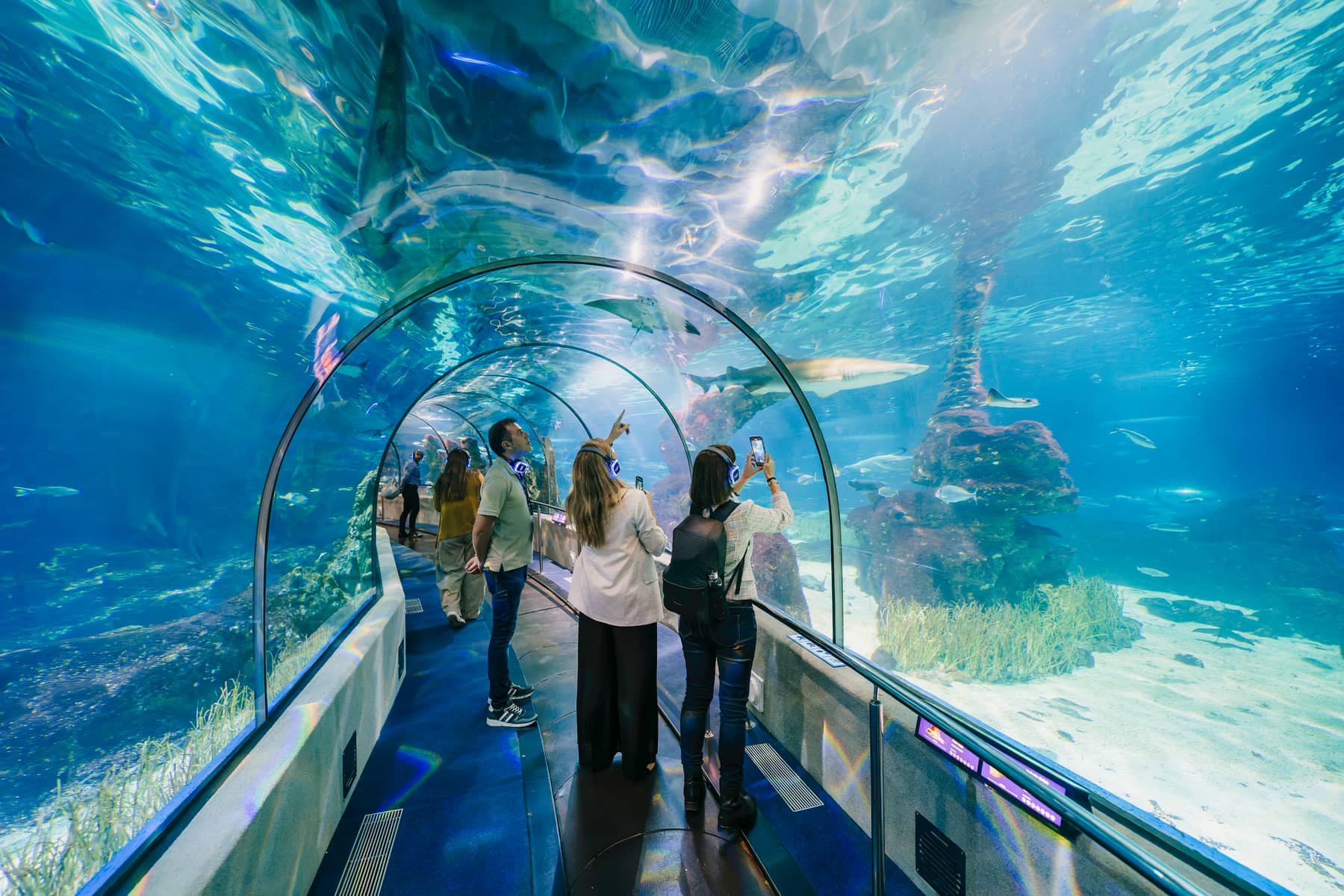 Invitados con auriculares AURA dentro del Aquarium de Barcelona